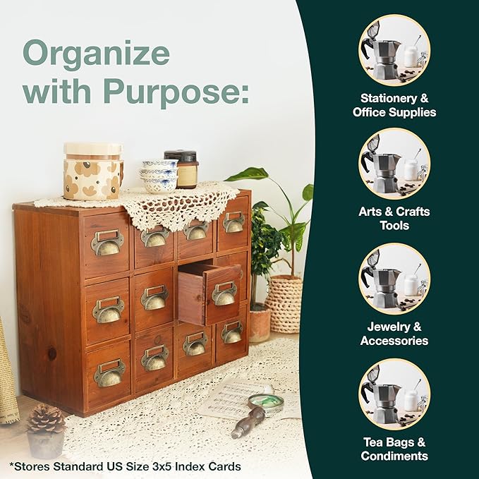 12-Drawer Apothecary Cabinet - Index Card Organizer - Mahogany Wooden Card Catalog - Fits Standard US 3x5in Index Cards - Vin