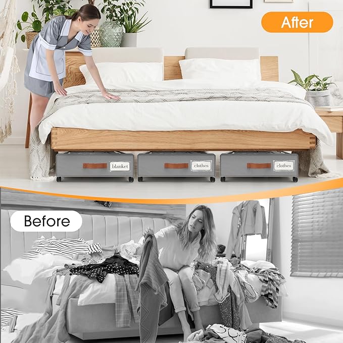 Under Bed Storage with Wheels 3Pack Underbed Storage with Clear Window&Label Under Bed Drawers Large Capacity Rolling Under B