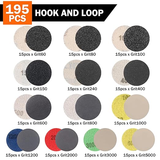 203 PCS 1 Inch Sanding Disc,Hook and Loop 60 to 10000 Wet Dry Sandpaper with 1/8" Shank,Backing Pad,Foam Buffering Pad,Foam S