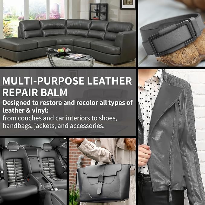 Leather Recoloring Balm and Scratch Repair Kit, Dark Gray Leather Restorer for Couches, Furniture, Car Seats, Leather Paint &
