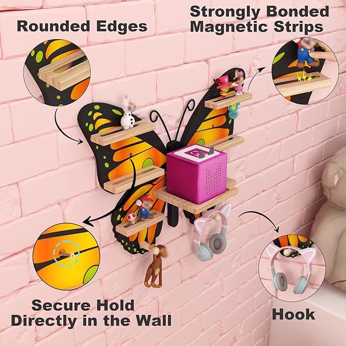 Orange Butterfly Tonie Shelf for Tonie and Box - Magnetic Wooden Floating Shelf for Figure Storage,Cute Tonie Wall Shelf for 