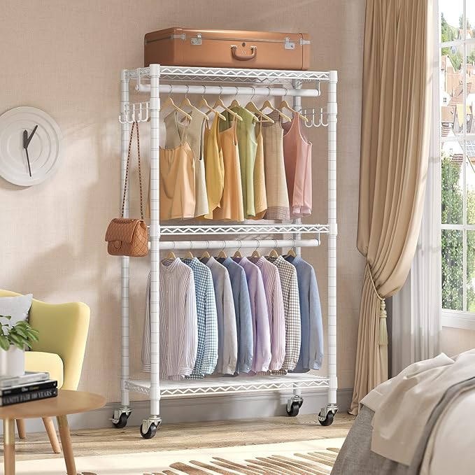 VIPEK R2 Medium Heavy Duty Clothes Rack Rolling Clothing Rack Adjustable Metal Wire Shelving Portable Closets with Double Han