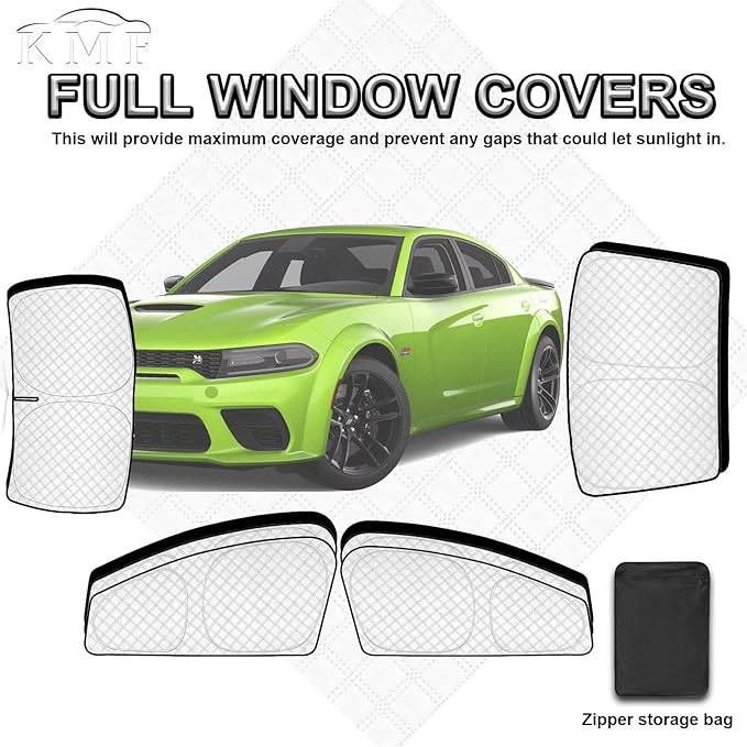 KMF 6pcs Thicken Sun Shades for Dodge Charger 2011-2023 Accessories, Full Car Window Covers Sunshade for Windshield Side Rear, UV Block Black Out Privacy for Car Camping with Storage Bag