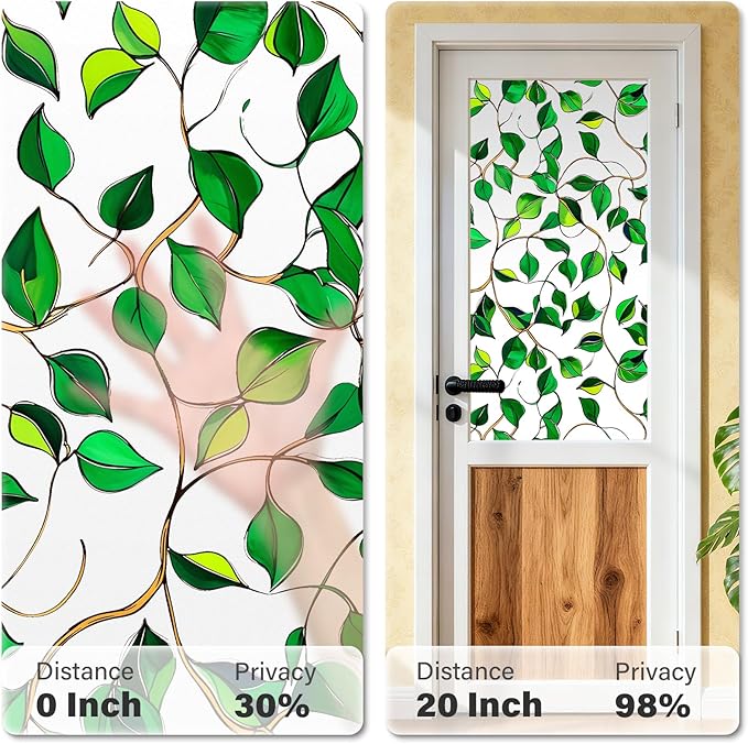 Donox Window Privacy Film, Decorative Frosted Static Cling Window Tint for Privacy, Home Decor Bathroom Door & Car Sticker, Adhesive-Free, Removable, UV Protection(Green Foliage, 17.5 x 157.4 inches