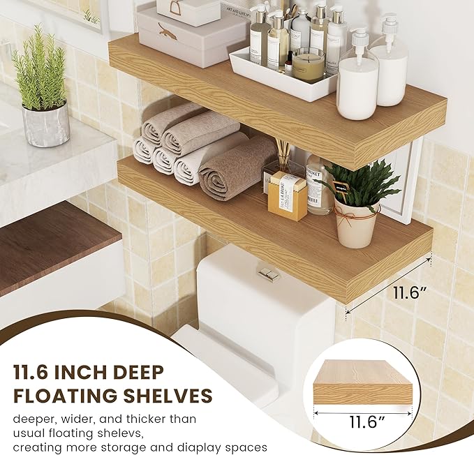 30 Inch Floating Shelves | 12 Inch Deep Oak Floating Shelves Set of 2 | 30" W x 12" D Rustic Wood Shelves for Wall | Deep Oak