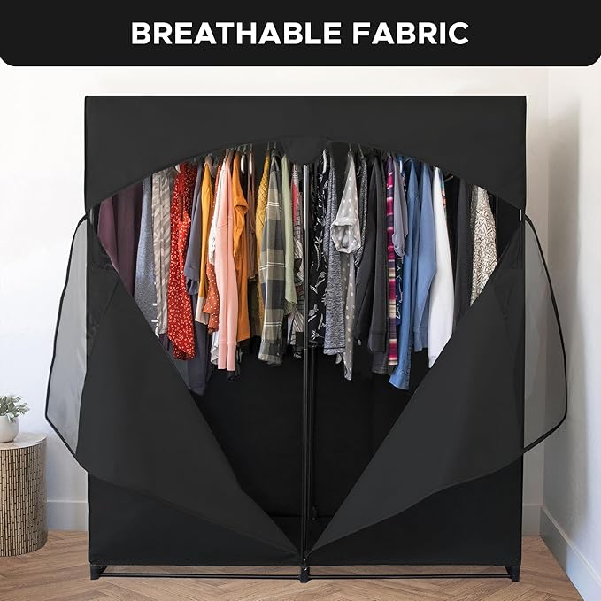 HOLDN’ STORAGE Portable Wardrobe Closet - 65 lb Large Capacity, Internal Heavy Duty Metal Rod, Zipper & Clear Window, Durable