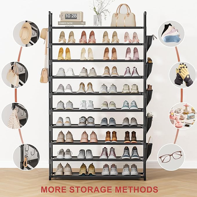 LUKYTOWER Tall Shoe Rack 10 Tier Shoe Racks Organizer for Closet 40-45Pairs,Large Capacity Storage Rack for Shoes with 5Hooks