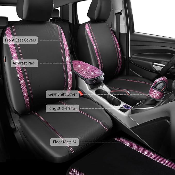 CAR PASS Bling Rhinestone Car Seat Covers Leather Shining Diamond Car Floor Mats Carpet with Anti-Slip Nibs Bling Diamonds Ca
