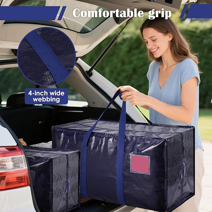 6 Pack Moving Bags with Full-Open Side Zipper, Extra Large 93L Heavy Duty Waterproof Foldable Storage Totes for College Dorm,