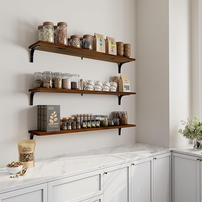 12 Inch Deep Floating Shelves Set of 3, 48 Inch Extra Wide Rustic Walnut Solid Wood Wall Shelves, 4ft Heavy Duty Farmhouse Wa