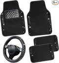 CAR PASS Bling Diamond Leather Steering Wheel Cover 14.5in-15in Floor Mats Shining Rhinestone Carpet Sparkly Glitter Crystal Anti-Slip Pad Fit Automotive SUV Pickup Truck Girl Women, 5pcs Black