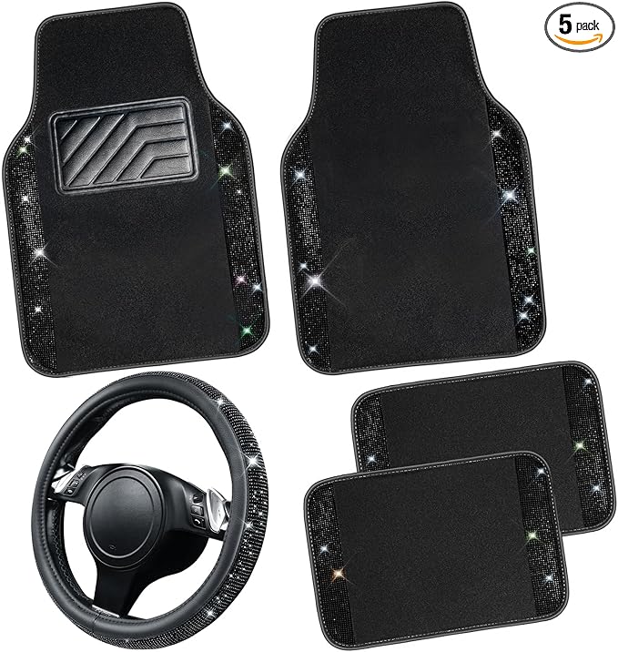 CAR PASS Bling Diamond Leather Steering Wheel Cover 14.5in-15in Floor Mats Shining Rhinestone Carpet Sparkly Glitter Crystal Anti-Slip Pad Fit Automotive SUV Pickup Truck Girl Women, 5pcs Black