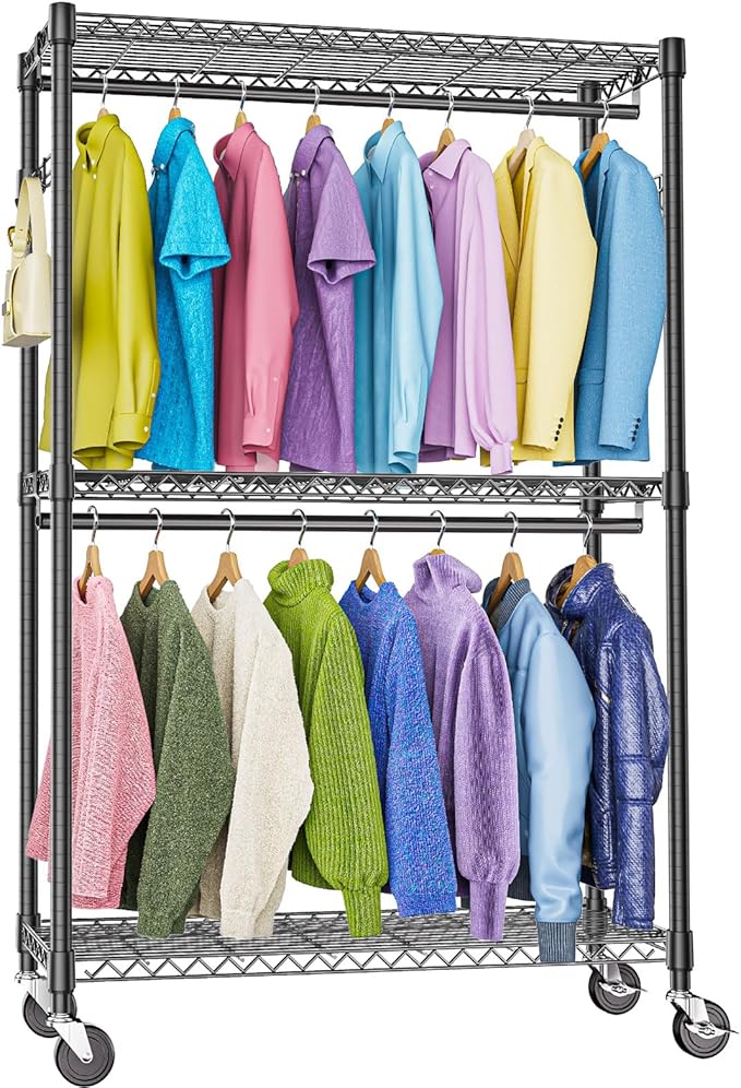 M MZG Heavy Duty Rolling Garment Rack 3 Tiers Adjustable Wire Shelving Clothes Rack with 2 Rods and Side Hooks,Storage Closet