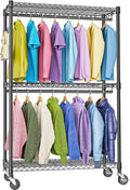 M MZG Heavy Duty Rolling Garment Rack 3 Tiers Adjustable Wire Shelving Clothes Rack with 2 Rods and Side Hooks,Storage Closet