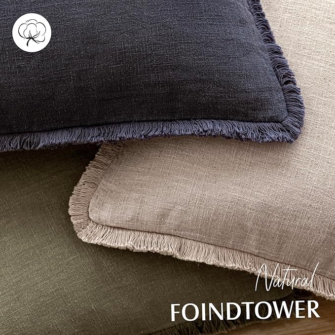 Foindtower Set of 2 Decorative Linen Fringe Throw Pillow Covers Farmhouse Cushion Cover with Tassels Soft Accent Pillowcase f