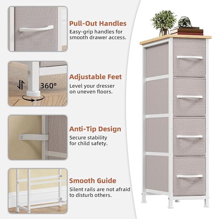 Somdot Narrow Dresser with 4 Drawers, Slim Storage Organizer Chest of Drawers with Removable Fabric Drawers for Small Spaces 