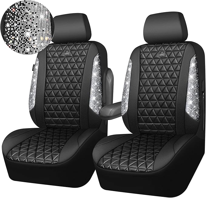 CAR PASS Bling Diamond Leather Car Seat Covers for 2 Front Interior Sets, Waterproof Shining Glitter Sparkly Crystal Universa