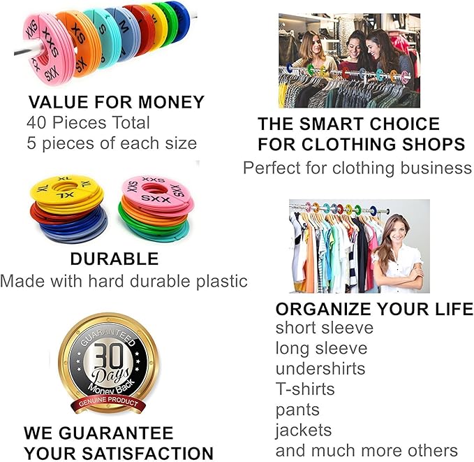 Clothes Size Dividers | 40 Pieces 8 Colors XXS-XXXL | Ultimate Clothing Rack Dividers | Round Clothes Rack Clothes Hangers, C