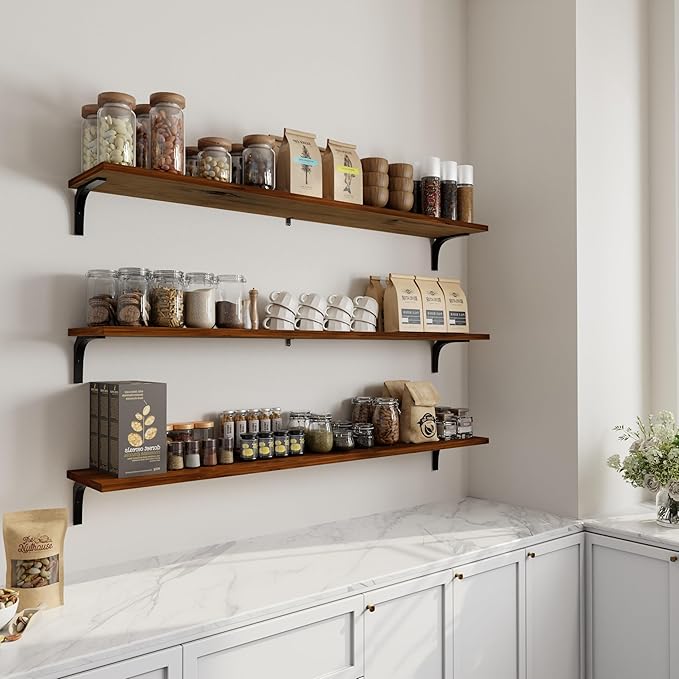 12 Inch Deep Floating Shelves Set of 3, 60 Inch Extra Wide Rustic Walnut Solid Wood Wall Shelves, 5ft Heavy Duty Farmhouse Wa