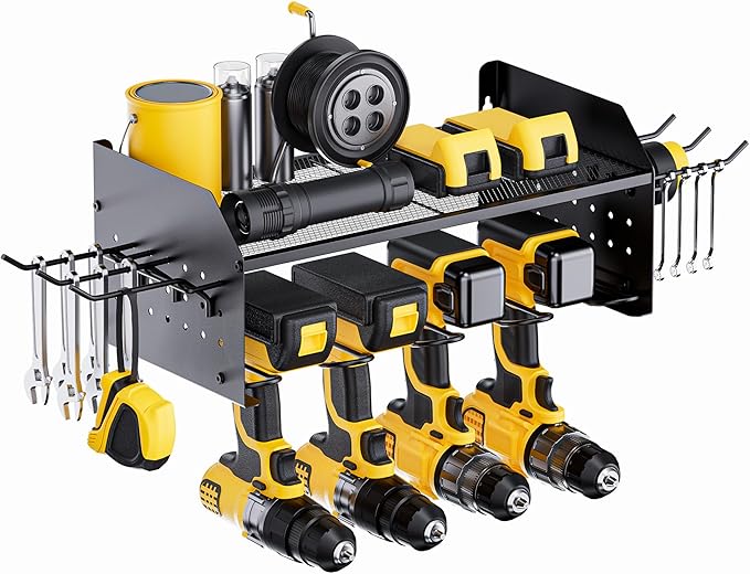 TRZZ Power Tool Organizer Wall Mount, 2-Tier Cordless Drill Rack with 4 Drill Holders and 2 Side Pegboards, Efficient Drill S
