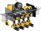 TRZZ Power Tool Organizer Wall Mount, 2-Tier Cordless Drill Rack with 4 Drill Holders and 2 Side Pegboards, Efficient Drill S