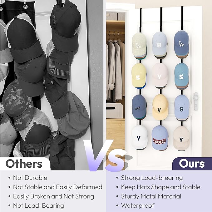 SWTYMIKI Over Door Hat Rack - 3 Packs Metal Hanging Hat Organizer with 12 Hooks Design, Baseball Cap Hanger Organizer Storage