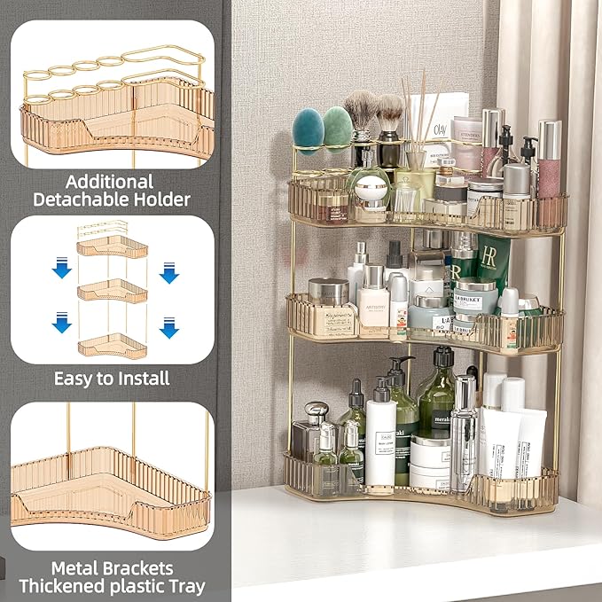Corner Bathroom Counter Organizer with Top Toothbrush Holders, 3-Tier Make Up Organizers for Vanity with Brush Holder, Corner