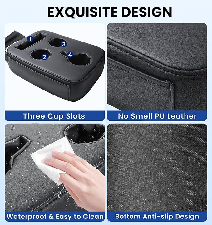 Back Seat Cup Holder for Car, PU Leather Couch Sofa Bed Boat Cup Holder Tray, Organizer for Trucks, Minivans, SUVs, RVs, Vehicles, Holds Drinks, Remote, Snacks, with Side Pockets