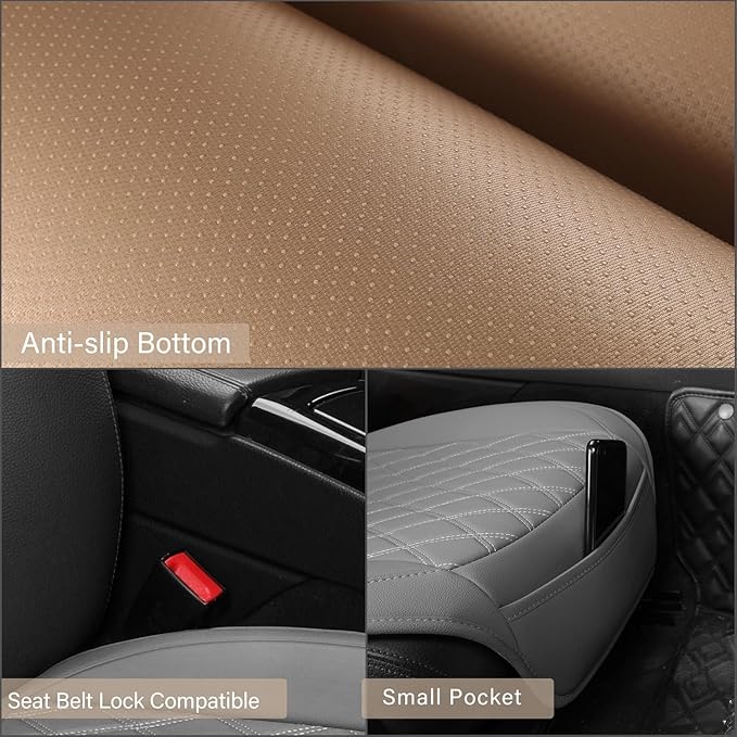 Sanwom Front Car Seat Covers - Leather Seat Covers with Storage Pocket and Two Belt Pads, Anti-Slip Waterproof Universal Seat