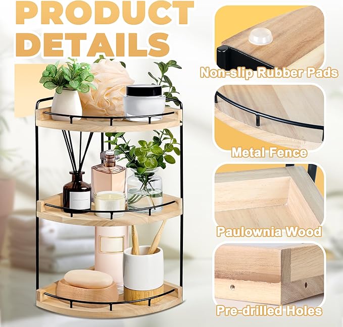 3 Tier Bathroom Counter Organizer, Bathroom Counter Tray and Vanity Organizer, Wood Corner Countertop for Kitchen, Dresser (R