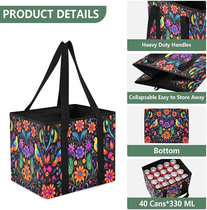 Mexican Art Design Reusable Grocery Bags Large Shopping Tote Bag with Reinforced Bottom Board, Water Resistant Foldable Stora