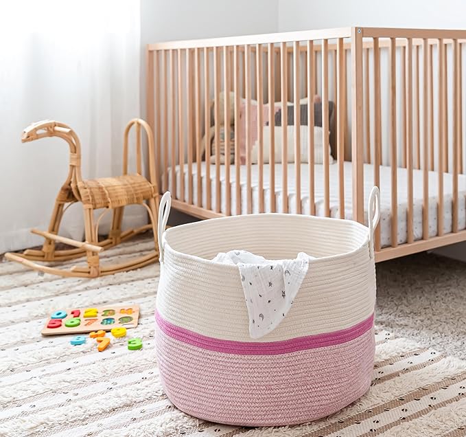OrganiHaus Large Woven Storage Basket for Blankets and Toys 20" x 13" Inch, Rope Laundry Basket with Handles, Cushions & Pill