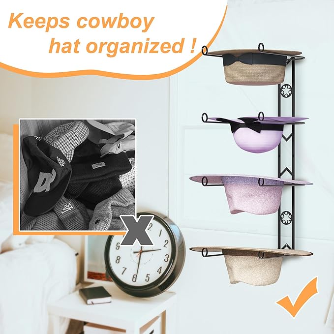 Cowboy Hat Organizer Hangers for Wall, Western Hat Rack Wall Mounted with Decorative Star, Metal Cowboy Hat Holder for Wester