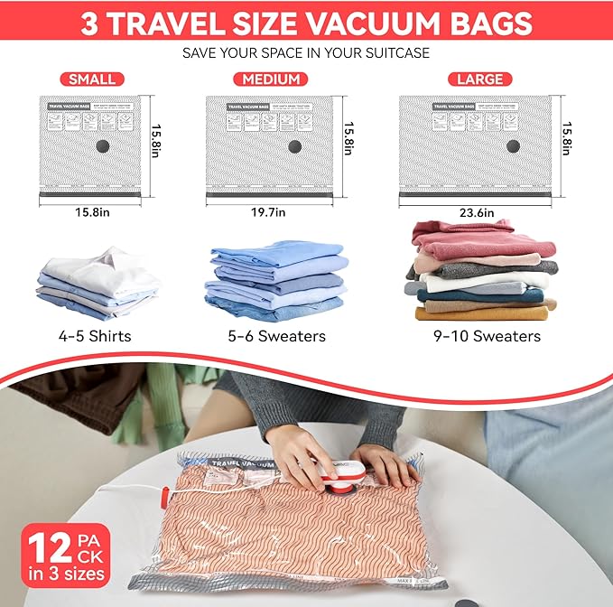 12 Pack Vacuum Bags for Travel with USB & TYPE C Pump,Compression Packing Cubes for Luggage,Carry-on Space Saver Vacuum Seal 