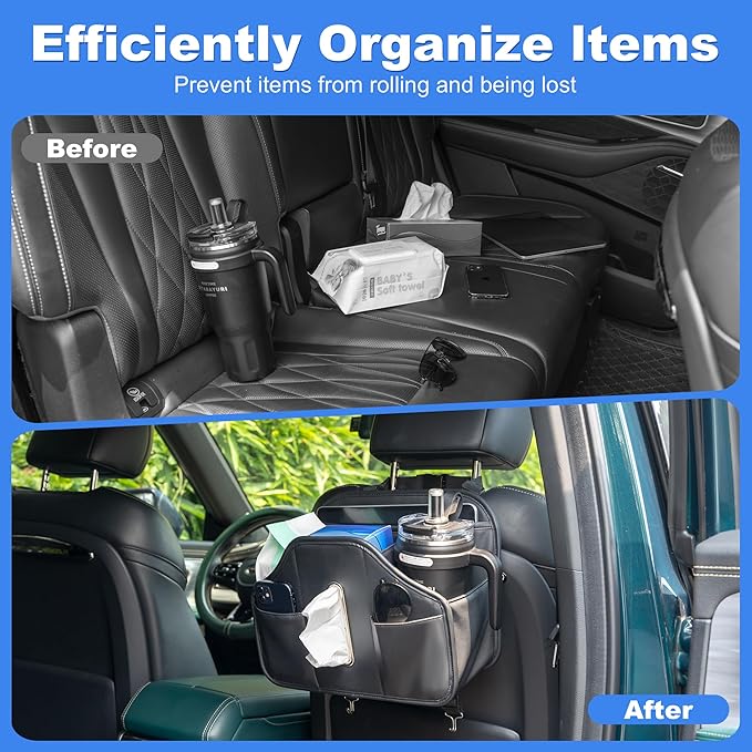 Upgraded Car Seat Back Organizer With Extra Large Tissue Holder Fits For Kleenex Tissue Box (50-230ct), PU Leather Headrest Seat Back Storage Accessories (Black-2 Packs)