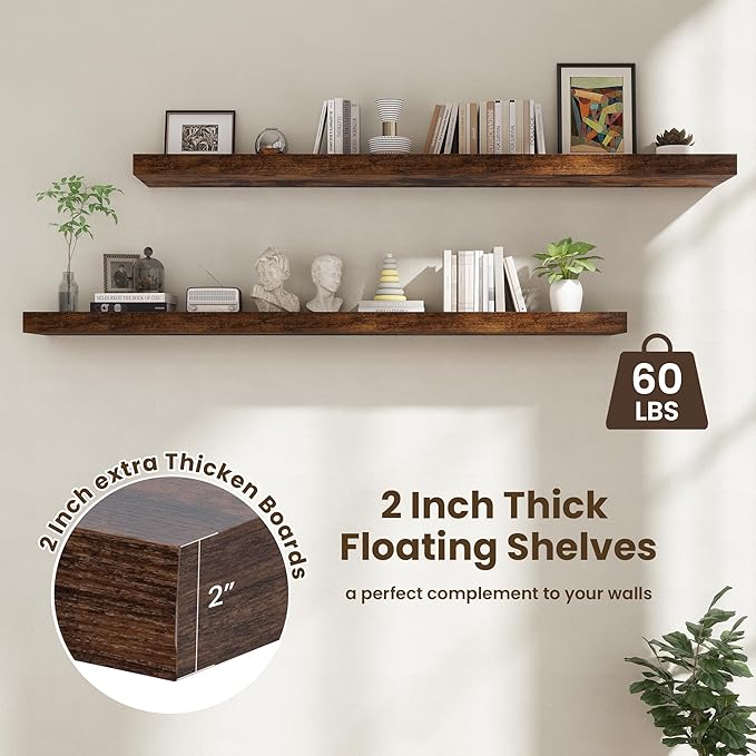 72 Inch Floating Shelves | 12 Inch Deep Floating Shelves Set of 2 | 72" W x 12" D Rustic Brown Wood Wall Shelves for Bathroom