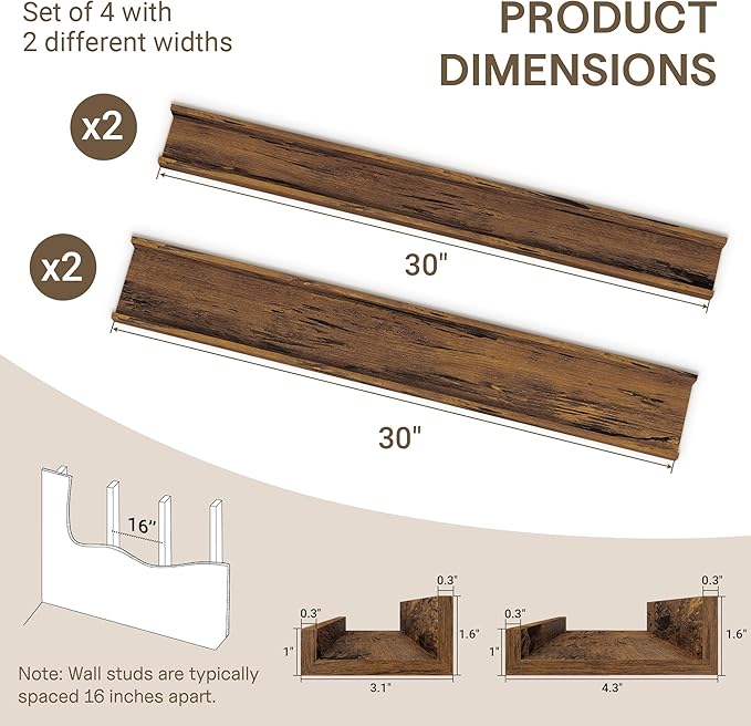 Fun Memories Picture Ledge Shelf - 30 Inches Floating Shelves Set of 4 - Floating Shelves with Lip for Storage - Wood Bookshe