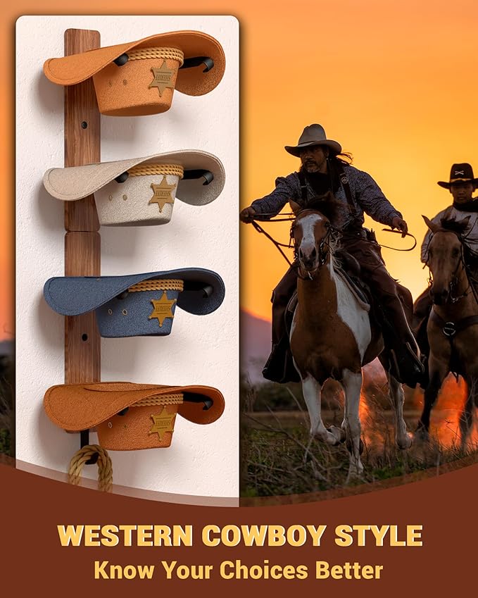 Midukit Cowboy Hat Rack for Wall, Cowboy Hat Holder for 4 with Hooks,Wooden Rustic Metal Hanger for Wall with Pine Board,West