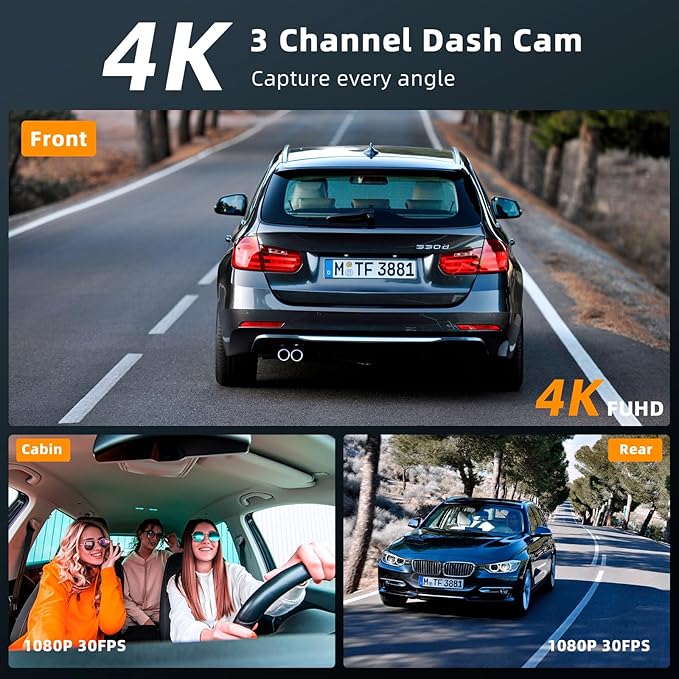 Real 4K 3 Channel Dash Cam Front and Rear Inside, STARVIS 2 HDR Sensor, 5.8GHz Wi-Fi GPS G-Sensor, 4K+1080P+1080P Dash Cam, 6