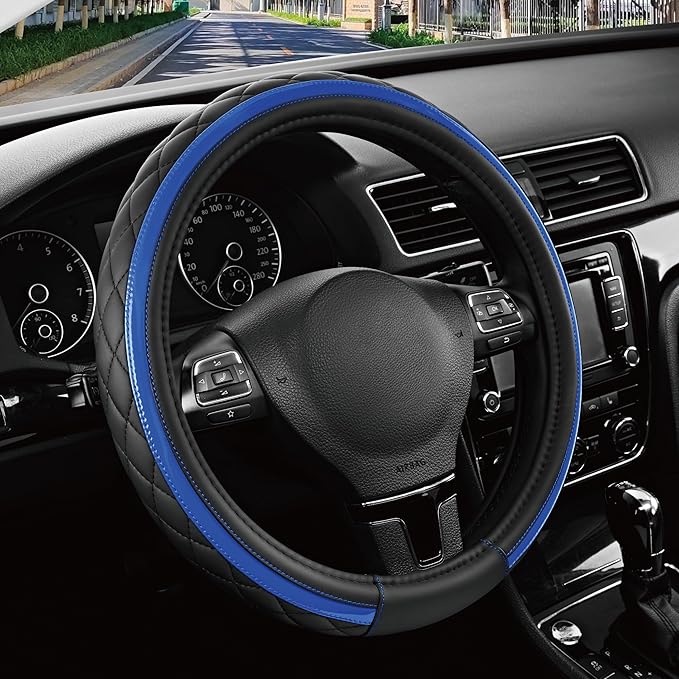 Road Comforts Leather Steering Wheel Cover – Black & Blue, Universal Fit 14.5-15 Inch, Microfiber Leather, Anti-Slip & Breath