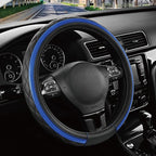 Road Comforts Leather Steering Wheel Cover – Black & Blue, Universal Fit 14.5-15 Inch, Microfiber Leather, Anti-Slip & Breath