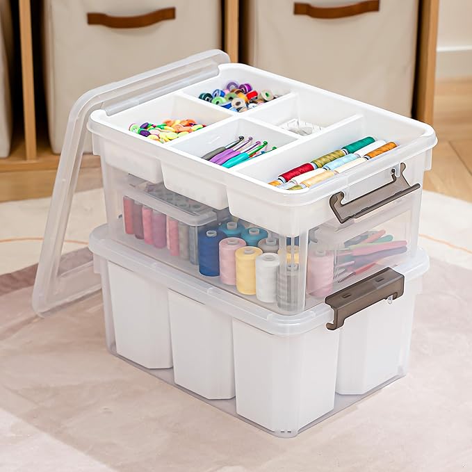 Citylife 17 QT Plastic Storage Box with Removable Tray and 6 Detachable Tall Inserts Craft Organizers and Storage Clear Stora