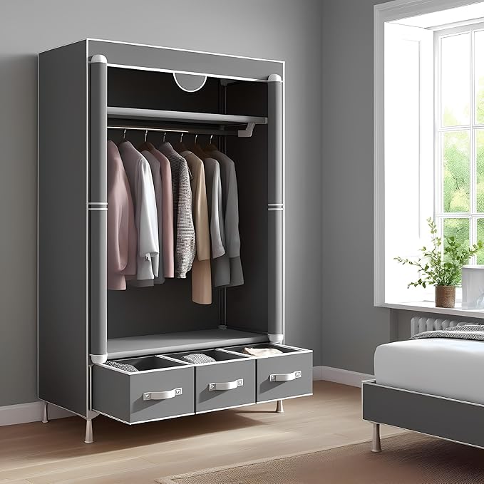Portable Wardrobe Closet with Shelves & Drawers - Light Grey Oxford Fabric Clothes Organizer for Bedroom, Dorm Room - Waterpr