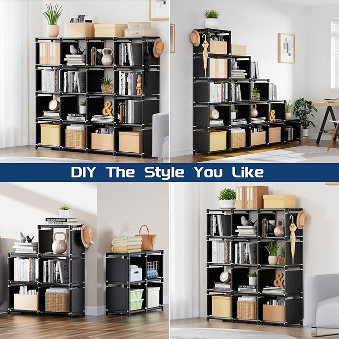 Mavivegue Bookshelf,16 Cube Storage Organizer,Book Shelf Organizer,Tall Bookcase,Black Cube Shelf Cubbies Closet Storage Shel