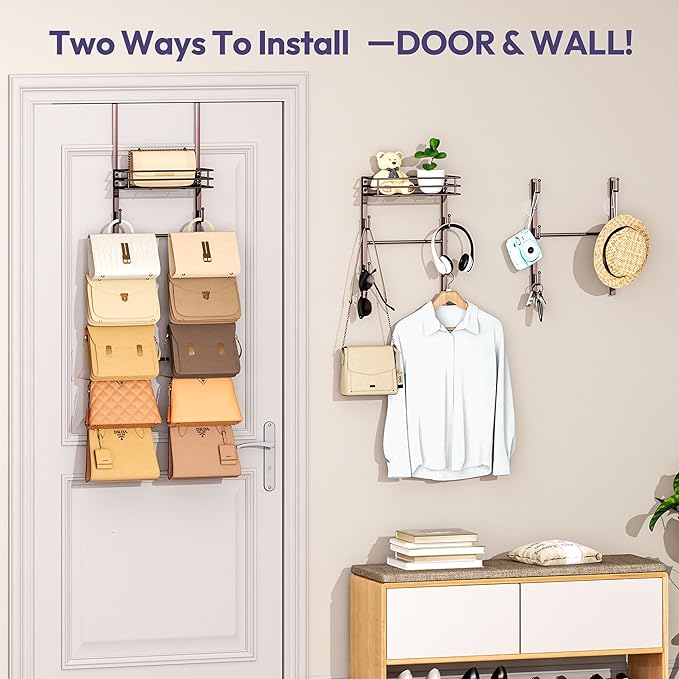 SWTYMIKI Over The Door Purse Organizer - Wall Mounted Handbag Organizer with 10 Hooks and Metal Basket, Hanging Purse Storage