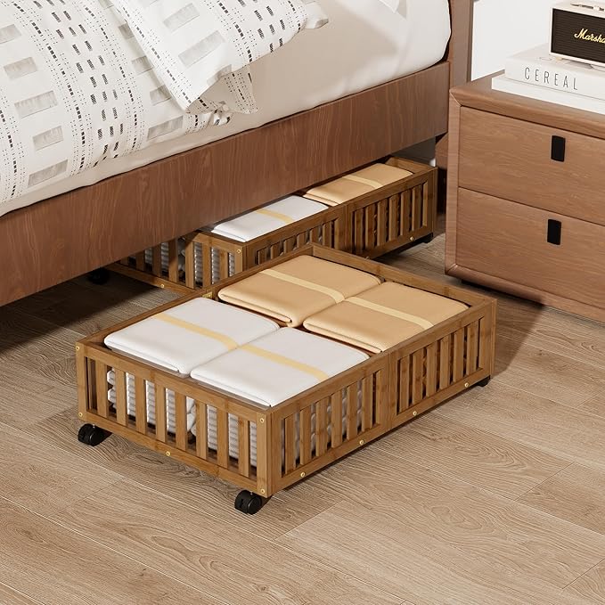 Bamboo Under Bed Storage with Wheels,Rolling Underbed Shoe Organizer Box for Shoes,Blankets,Toys,Clothes Container Space-Savi