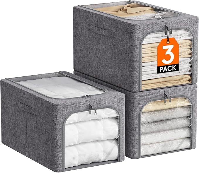 Lifewit Clothes Storage Bins with Metal Frame 3 Pack, Fabric Stackable Storage Bags with Lids, Zipper, Foldable Clost Organiz