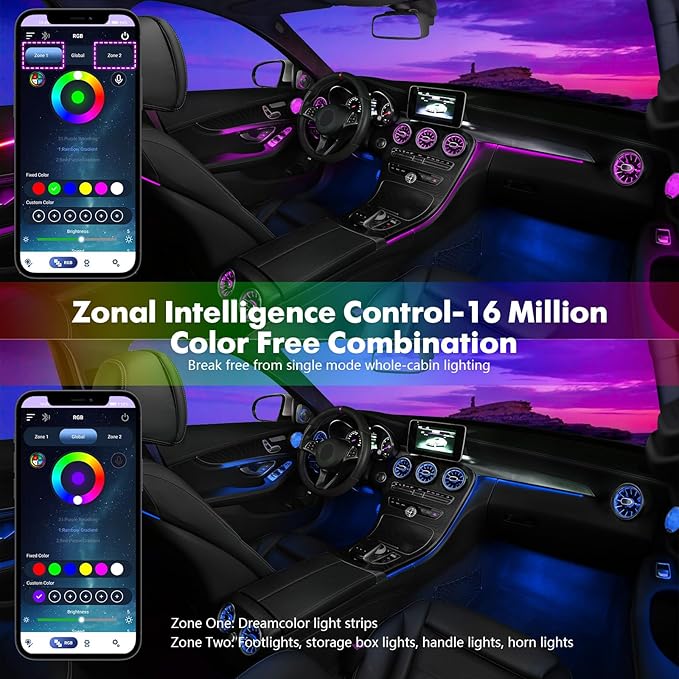 New Version Dreamcolor Acrylic Car Interior Lights 18 in 1 RGB Car Ambient Lighting Kit APP Control Zoned Control System 252 Color Modes DIY 16 Million Colors Music Sound Active Neon Light Kits