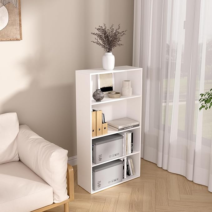 Wooden 4 Tier Book Shelf，4 Cube Storage Organizer, 44 Inch Versatile Cubes Shelf and Cubby Unit for Any Space (White, 4 Cube-