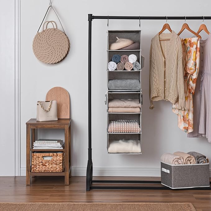 StorageWorks 6-Shelf Closet Organizers, Two 3-Shelf Separable Hanging Shelves for Closet, 12" D x 12" W x 48 ¼"H， Canvas, Gra